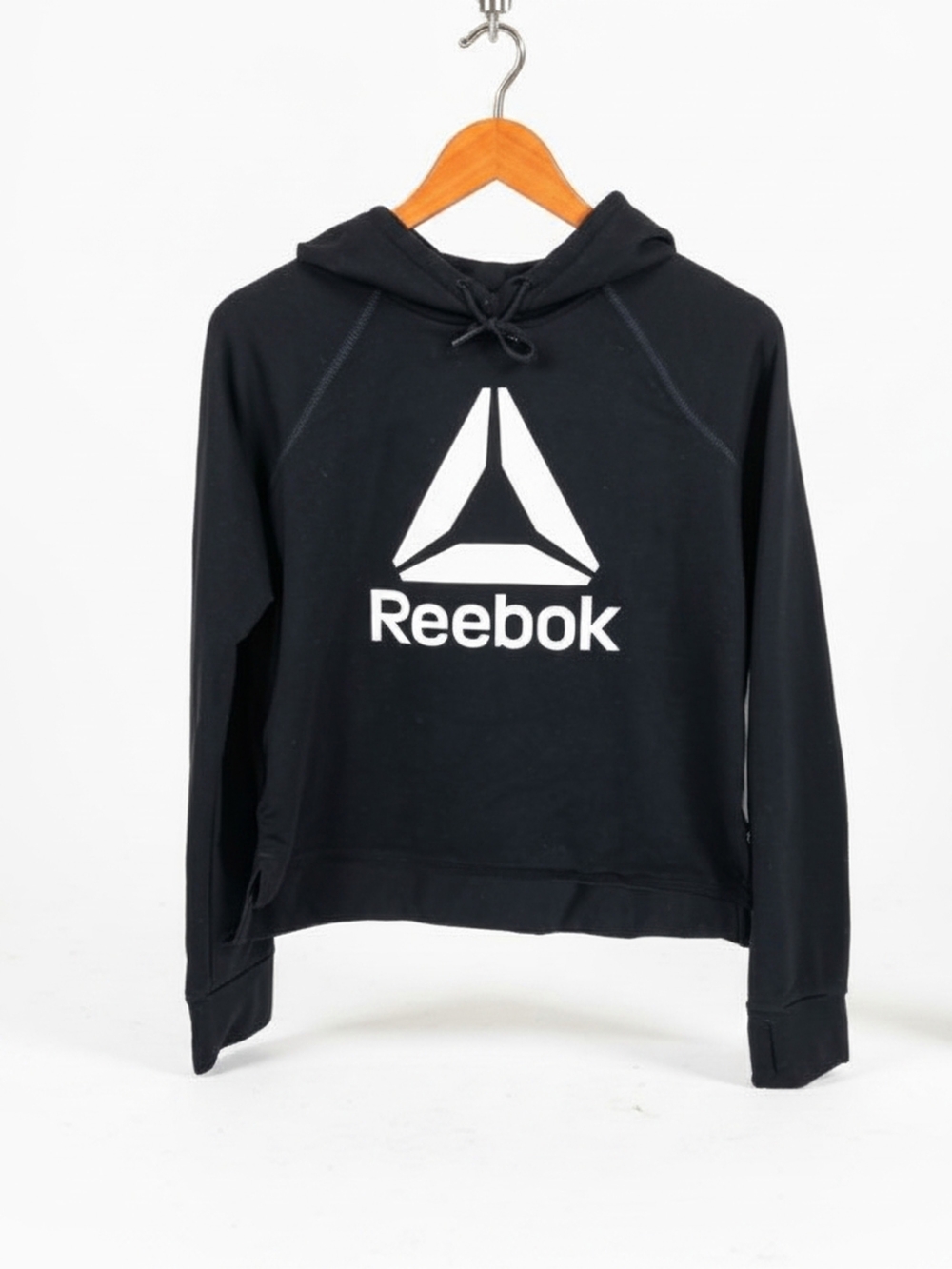 Reebok Black & White Big Logo Pullover Crop Hoodie Delta Graphic Sweatshirt - S
